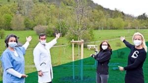 Drei Frauen und ein Mann stehen vor einem neu gepflanzten Baum, zeigen darauf und lächeln in die Kamera