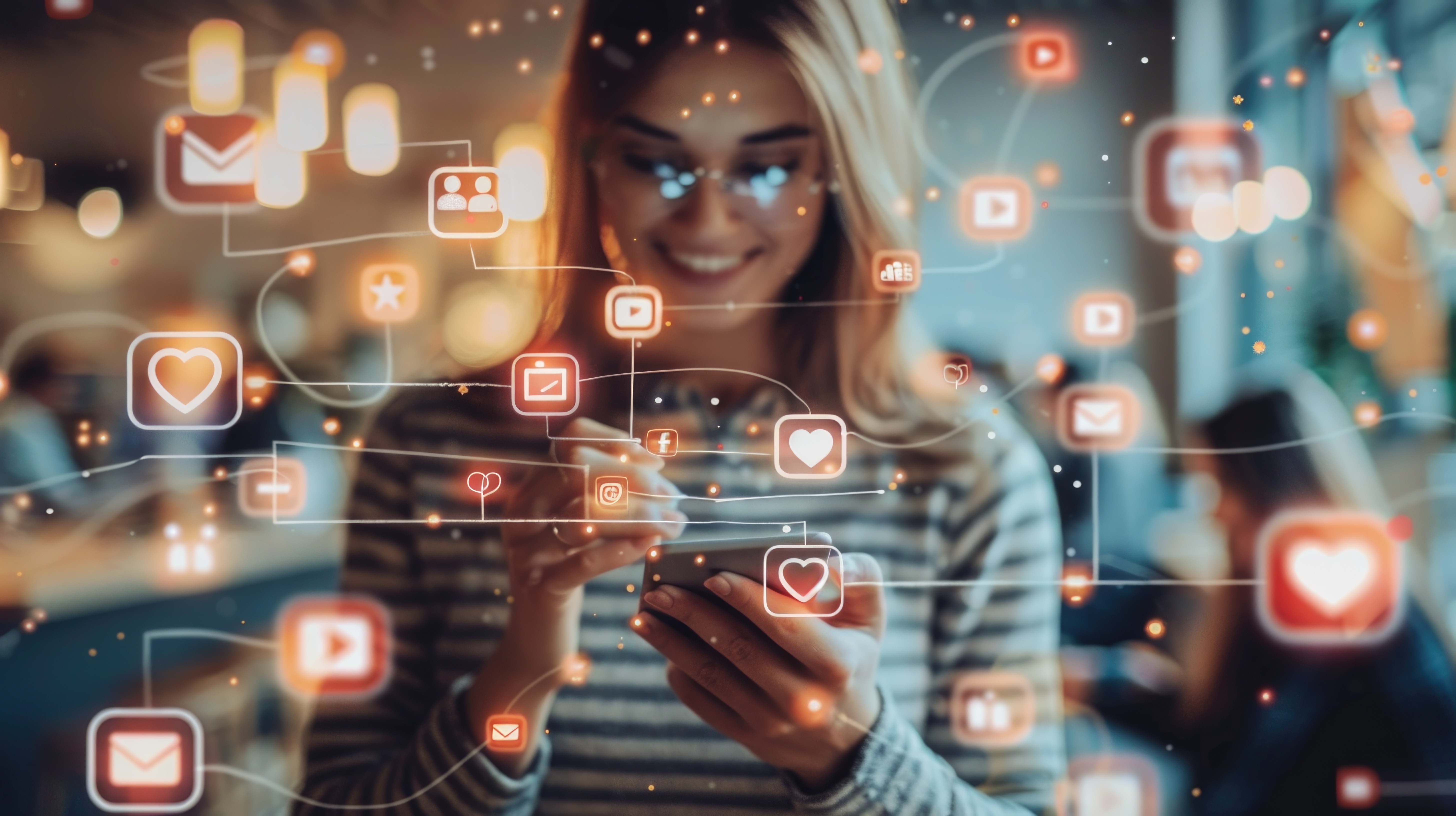 Frau benutzt Smartphone und diverse Social Media Inhalte ploppen auf