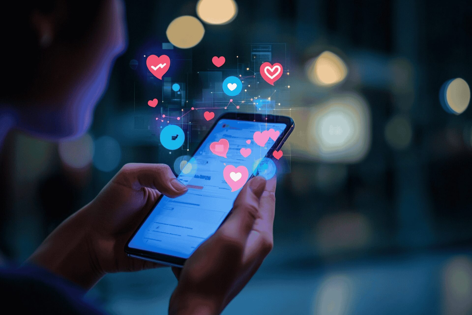 Frau hält Smartphone in den Händen, darauf sind Symbole aus Social Media zu sehen wie Herzen und Likes