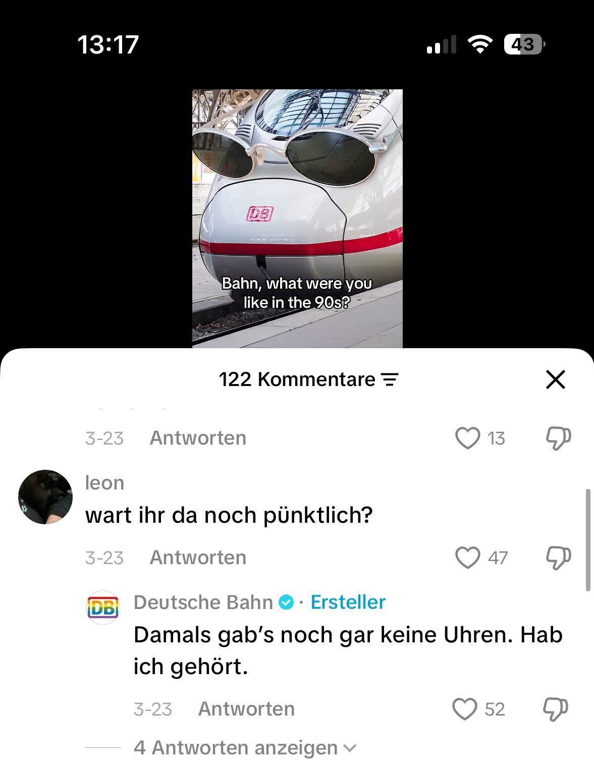 Beitrag der Deutschen Bahn mit humorvollen Kommentaren
