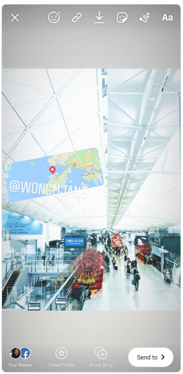 Instagram Bild am Flughafen mit neuem Standort-Sticker