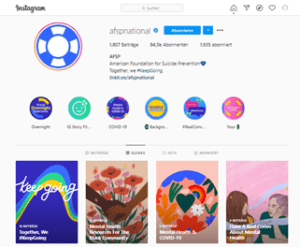 Screenshot vom Instagram-Profil von AFSP, das die neuen Guides enthält