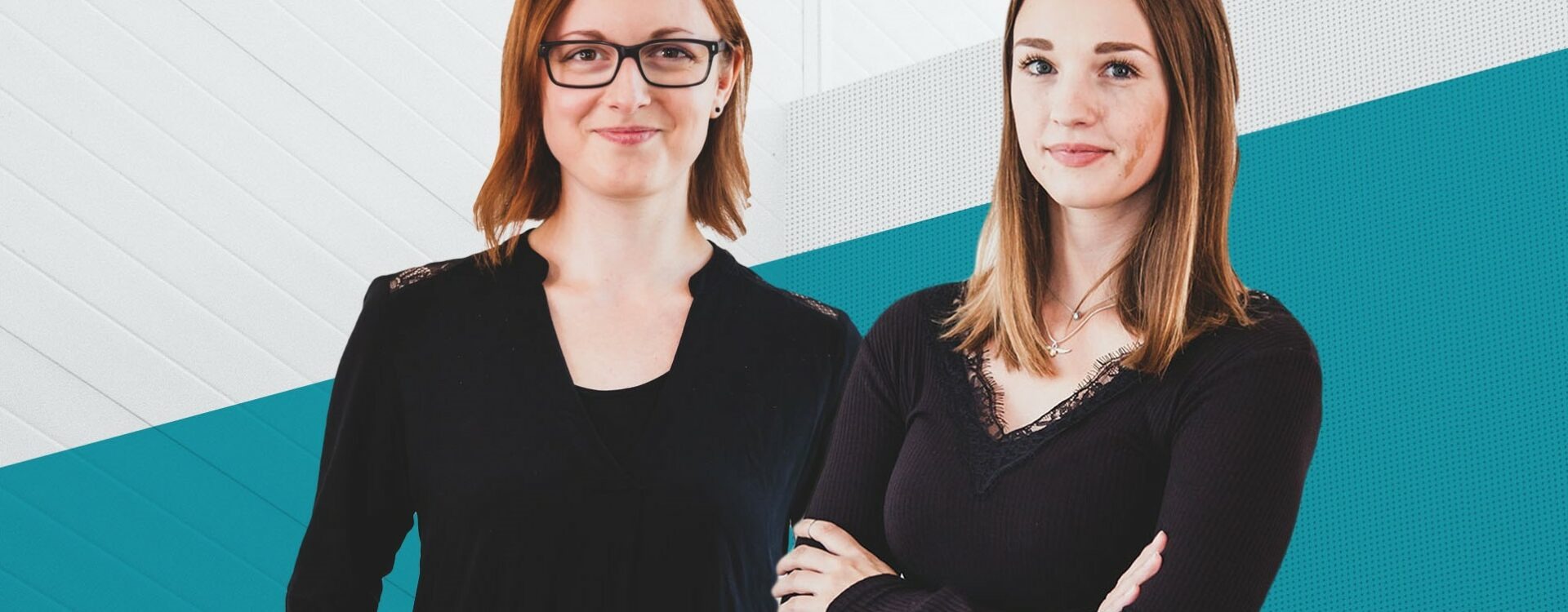 Zwei Somengo Mitarbeiterinnen Samantha und Madlin vor blau-weißem Hintergrund