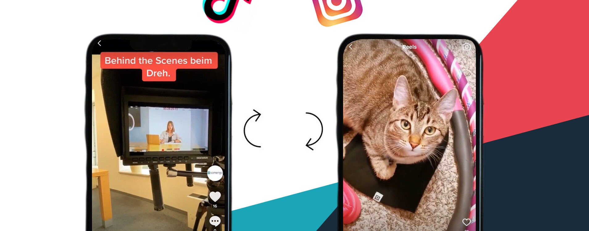 Zwei Handys mit Screenshots von TikTok und Instagram Reels sowie den jeweiligen Logos