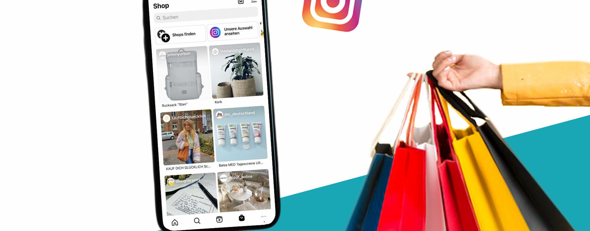 Shoppingtüten und Handy mit geöffnetem Instagram Shop