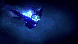 Animierte Eule fliegt mit einem weiteren Tier auf dem Rücken durch die Luft. Alles ist sehr dunkel