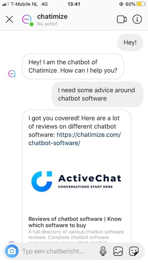 Screenshot eines Chats auf Instagram mit einem Chatbot