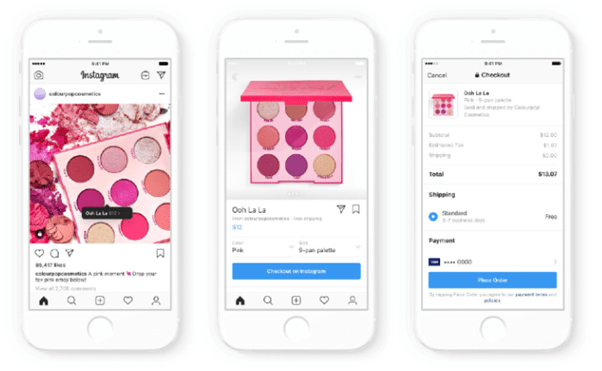 Drei Smartphones, auf denen die Instagram App geöffnet ist und verschiedene MakeUp-Produkte zu sehen sind