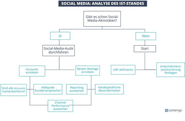 Entscheidungsbaum aus verschiedenen Möglichkeiten zur Analyse des IST-Standes im Social Media Marketing eines Unternehmens