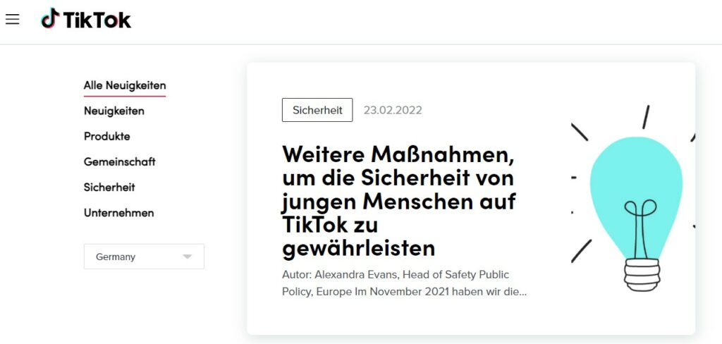 Screenshot des TikTok Newsrooms