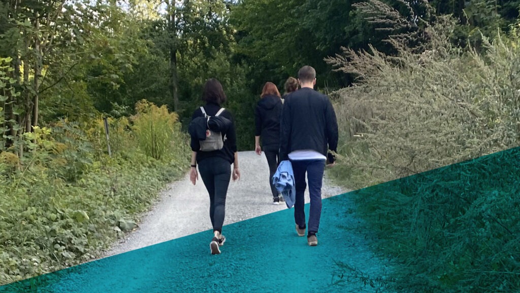 Vier Personen laufen einen Waldweg entlang