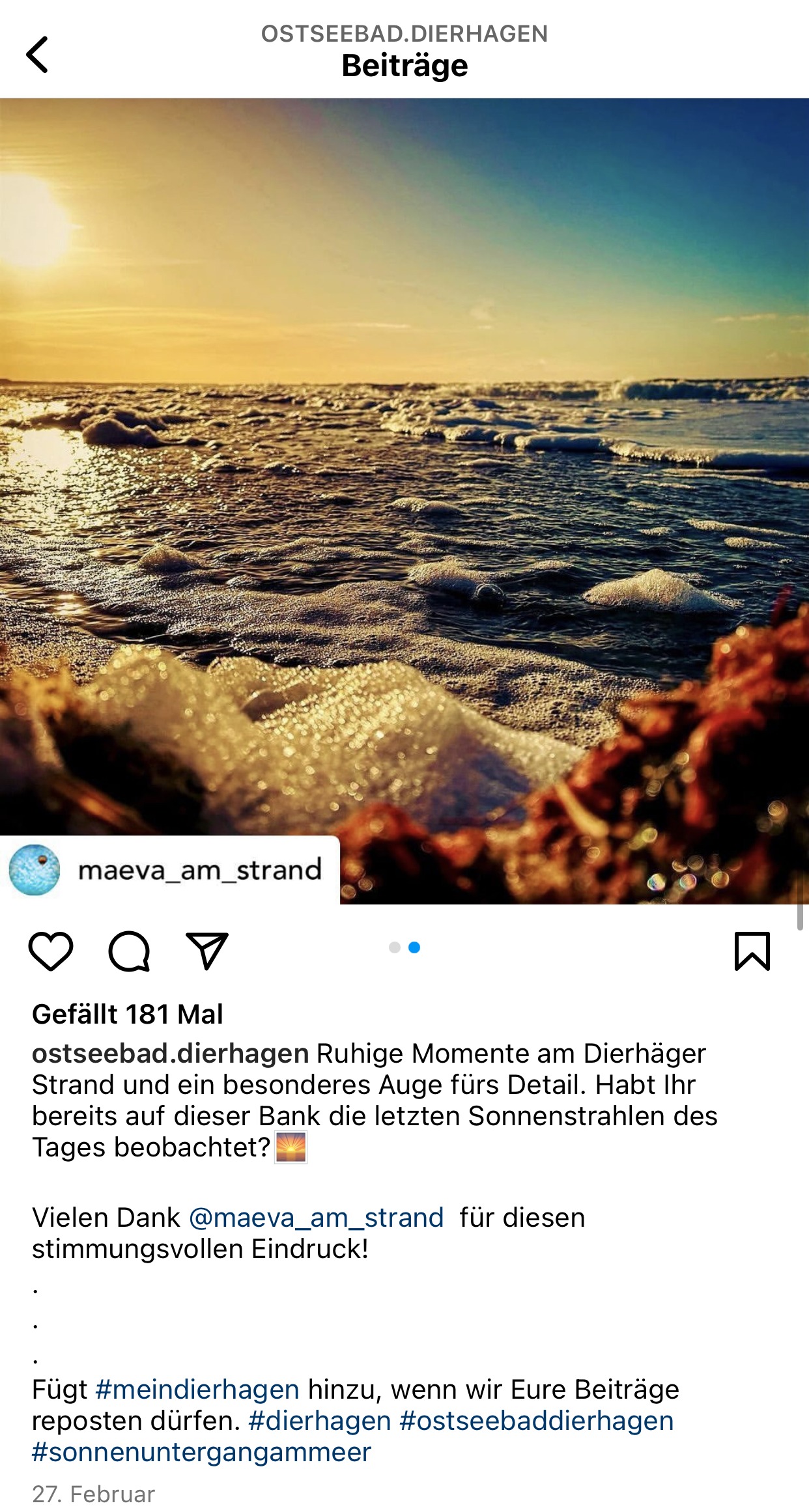 Screenshot eines Instagram-Beitrags, auf dem ein Meer im Sonnenuntergang zu sehen ist